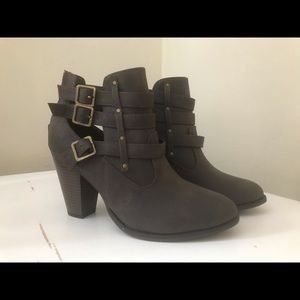 Dark brown buckle ankle booties